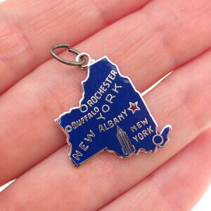 925 Sterling Silver Vintage Enamel New York State Map Charm Pendant